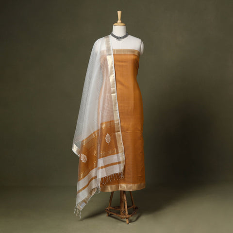 Orange 2pc Handloom Unstitched Maheshwari Dress Material with Border