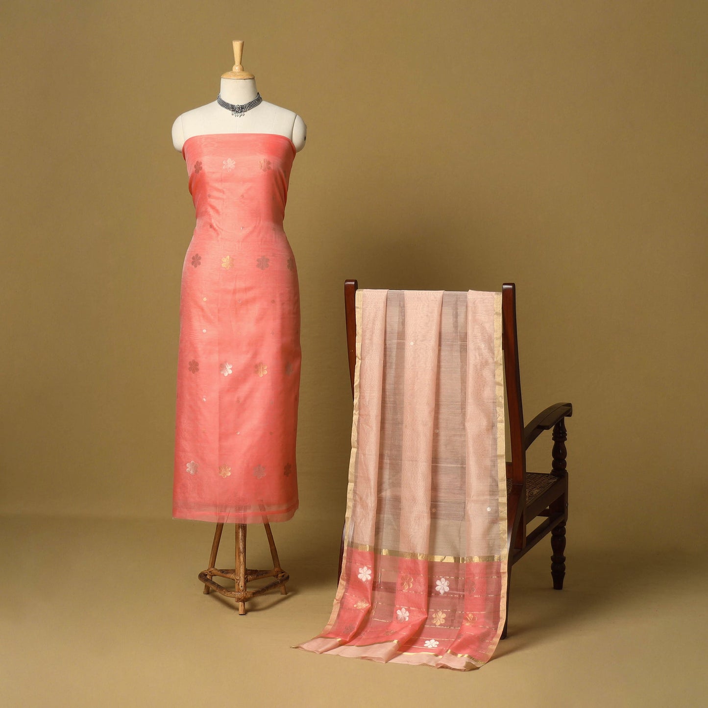 Orange - 2pc handloom zari buta unstitched chanderi silk