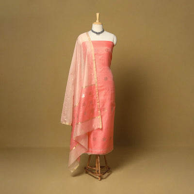 Orange - 2pc handloom zari buta unstitched chanderi silk