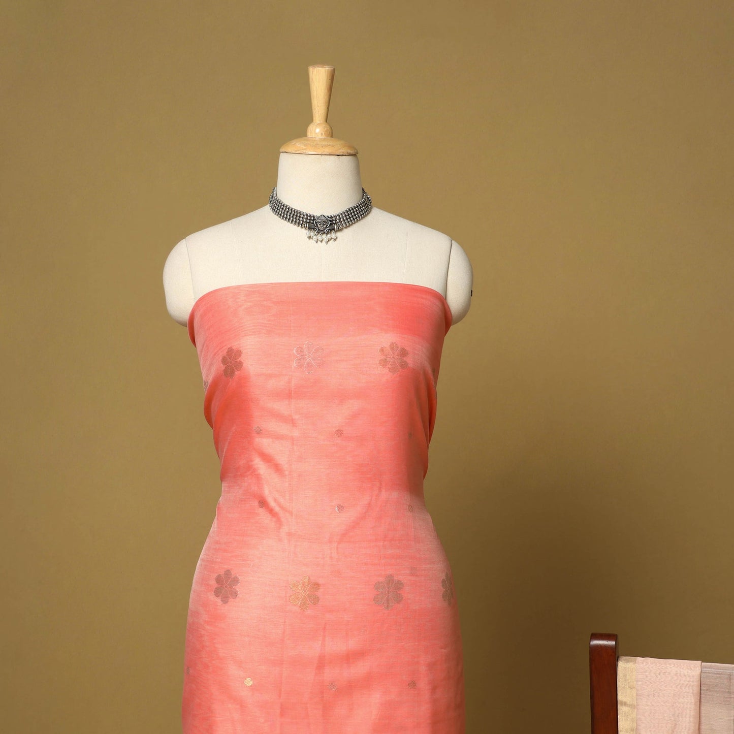 Orange - 2pc handloom zari buta unstitched chanderi silk