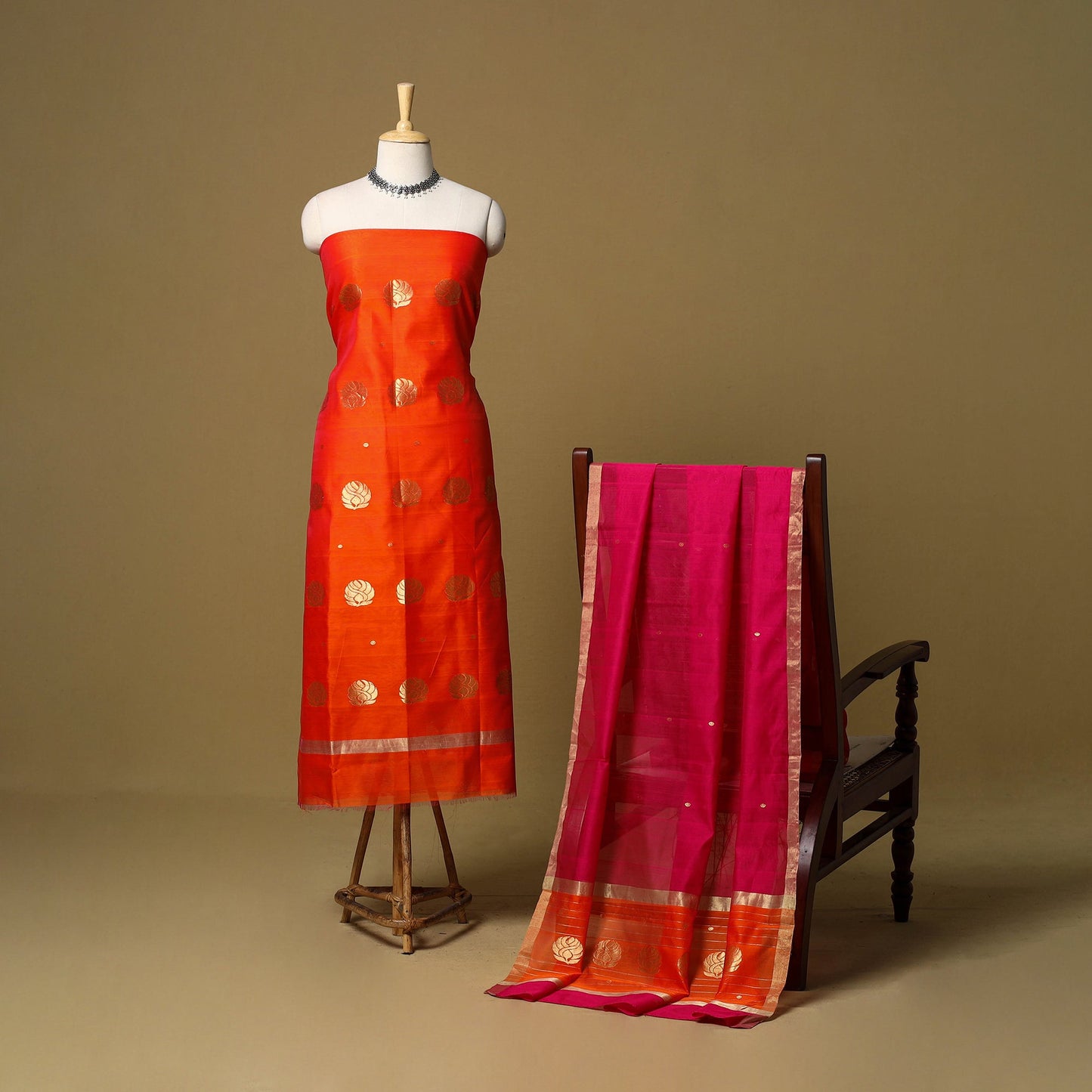 Orange - 2pc handloom zari buti unstitched chanderi silk