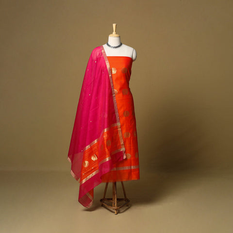 Orange - 2pc handloom zari buti unstitched chanderi silk
