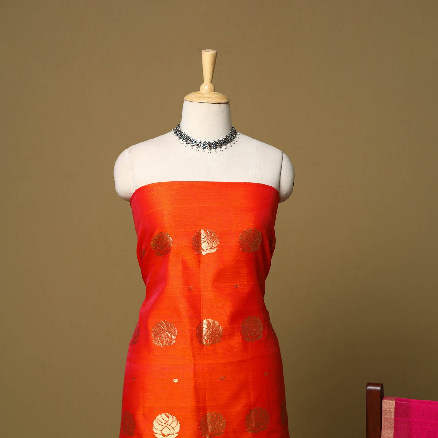 Orange - 2pc handloom zari buti unstitched chanderi silk