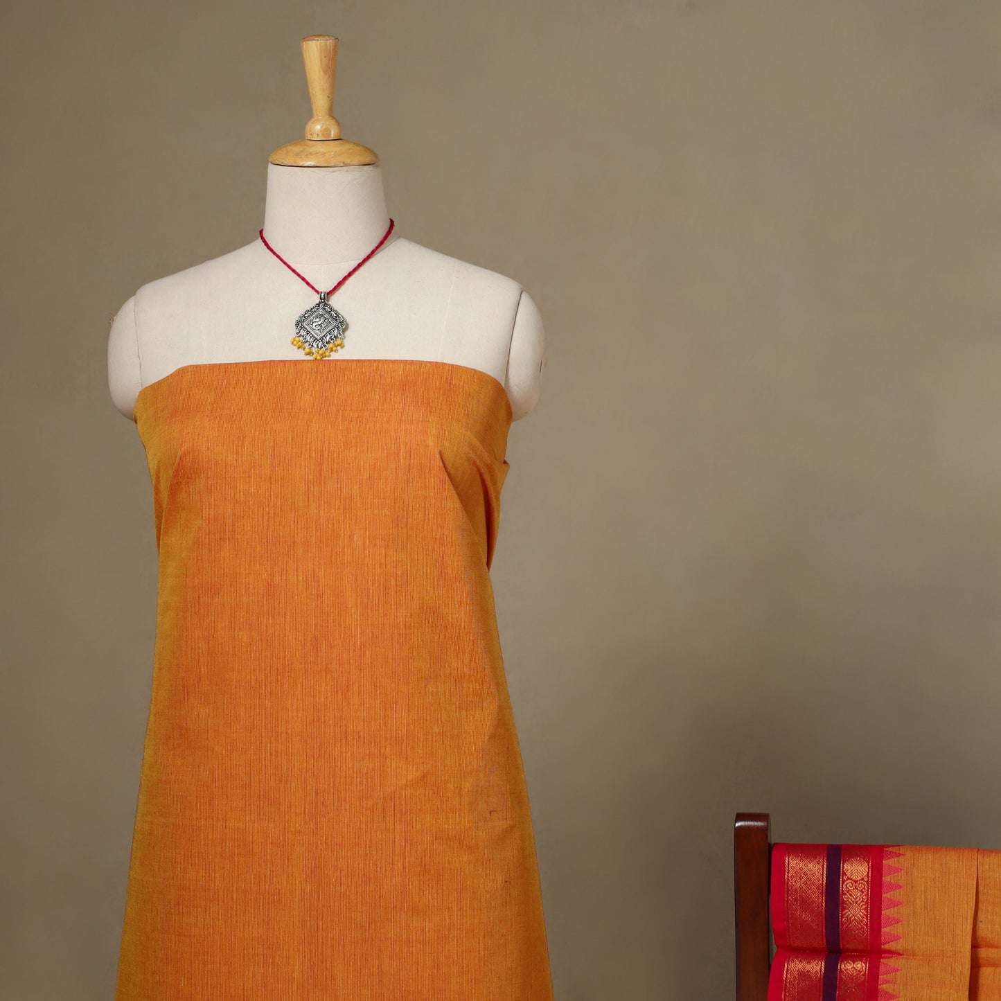 Orange 2pc Kandangi Chettinad Dress Material with Jewellery Set