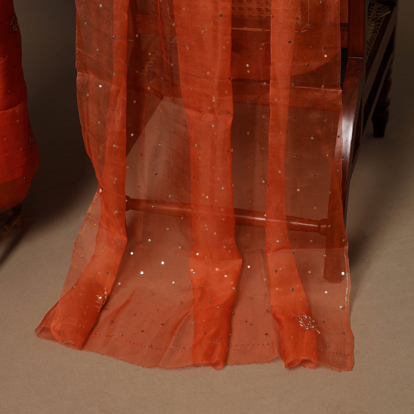 Orange - 2pc organza silk unstitched mukaish handwork dress