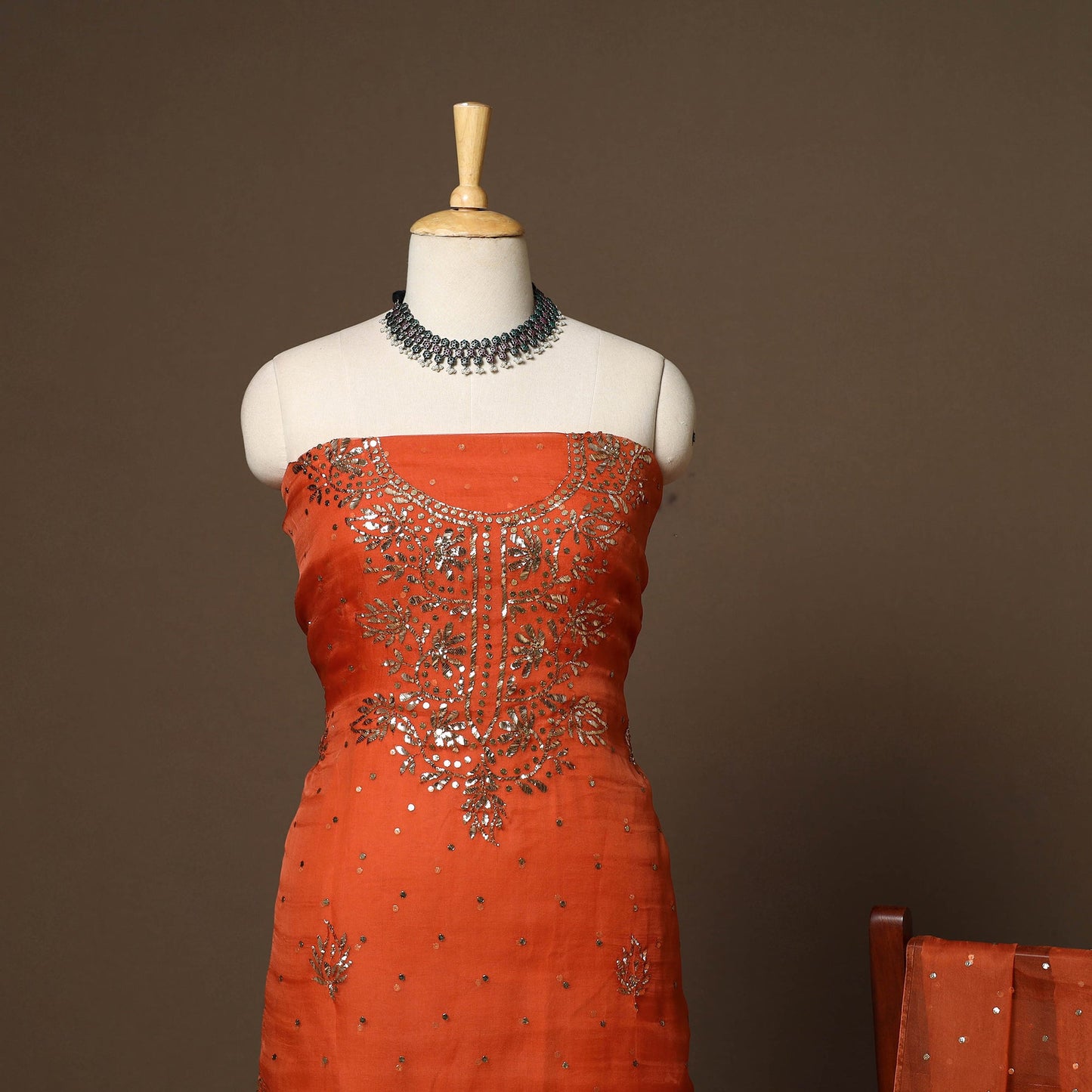 Orange - 2pc organza silk unstitched mukaish handwork dress