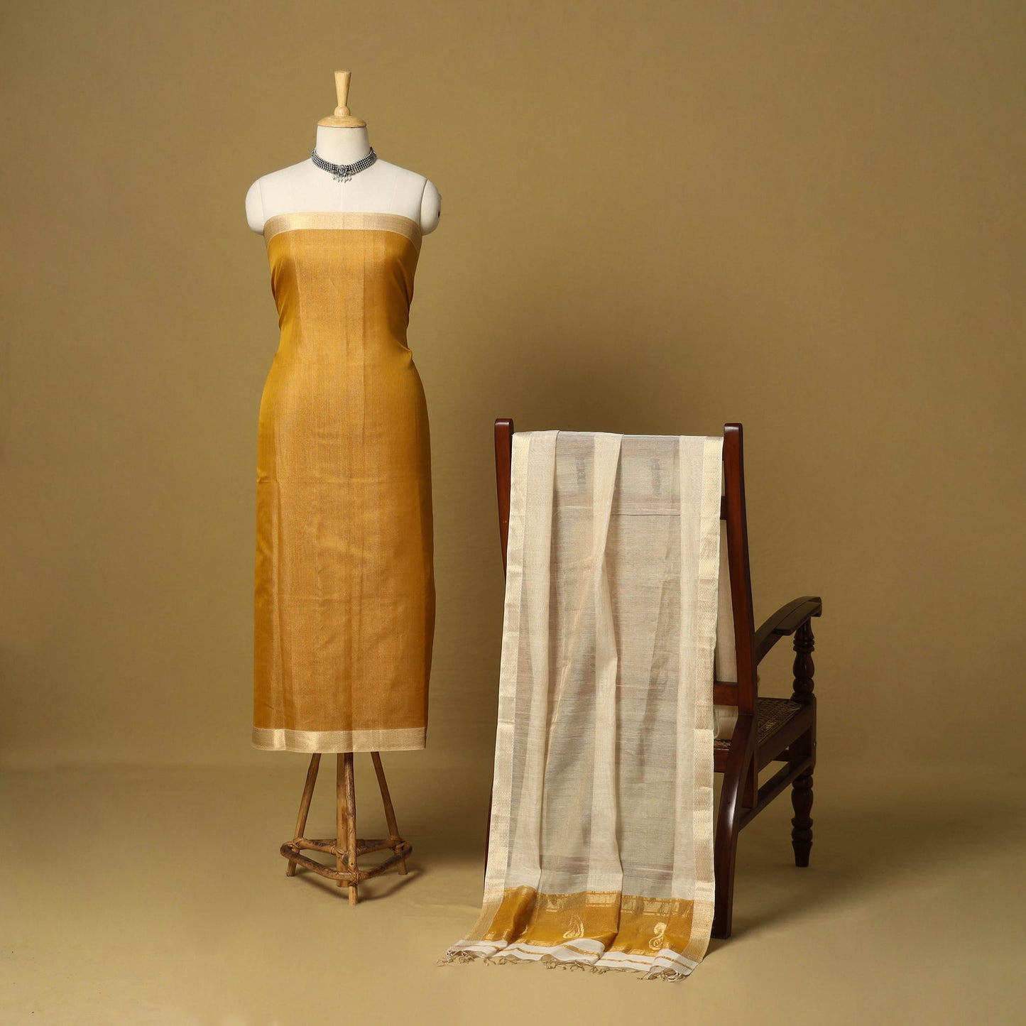 Orange - 2pc tissue zari handloom unstitched maheshwari