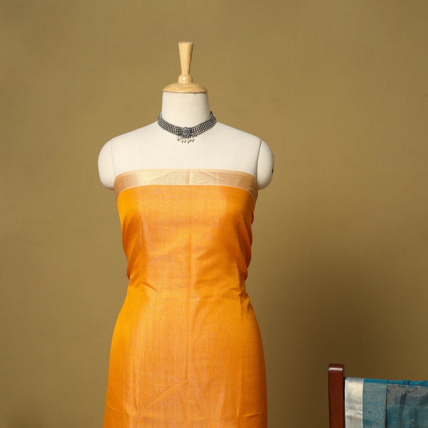 Orange - 2pc tissue zari handloom unstitched maheshwari