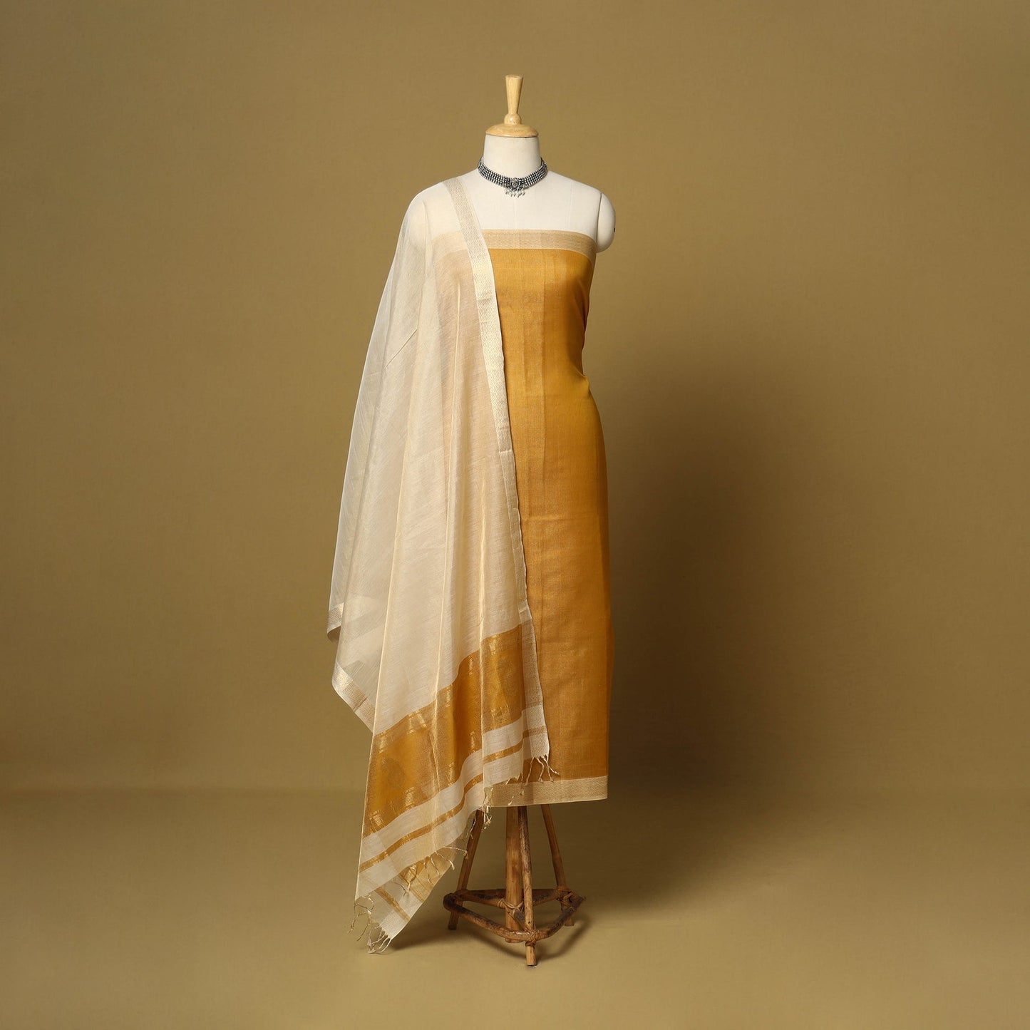 Orange - 2pc tissue zari handloom unstitched maheshwari