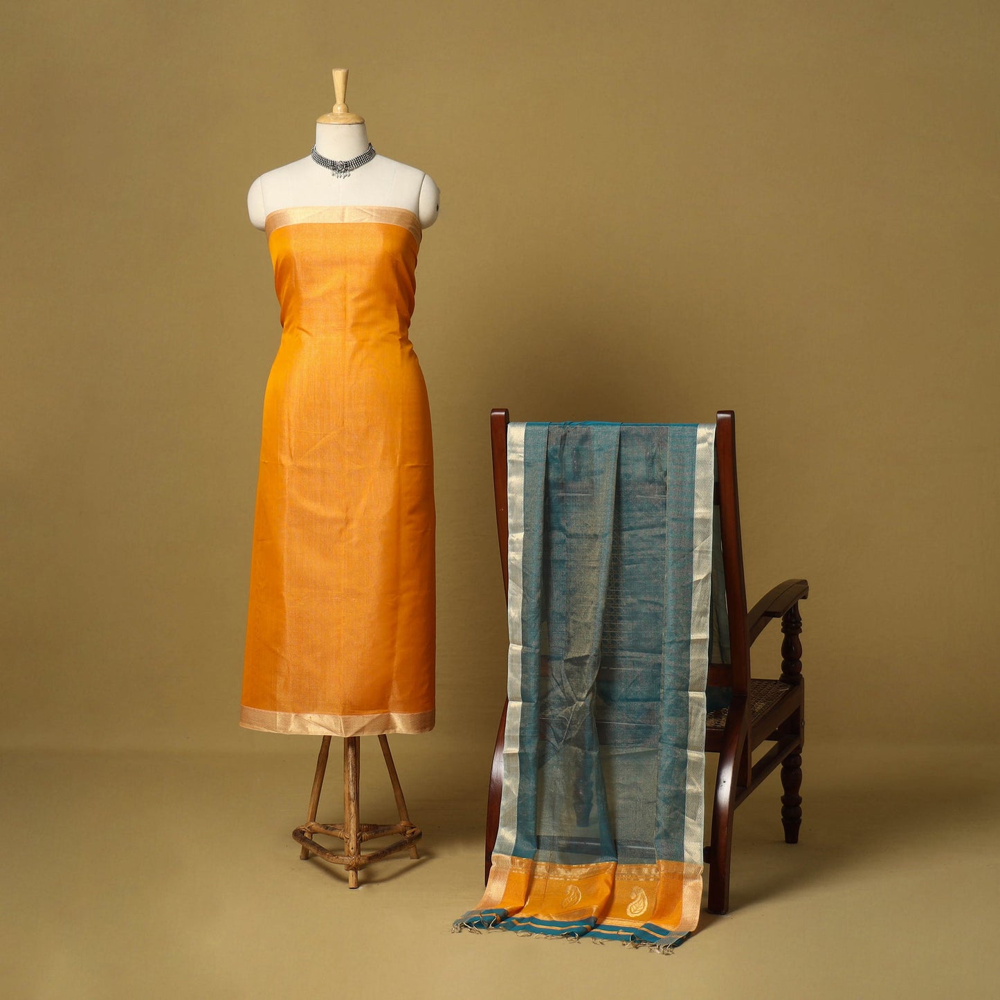 Orange - 2pc tissue zari handloom unstitched maheshwari