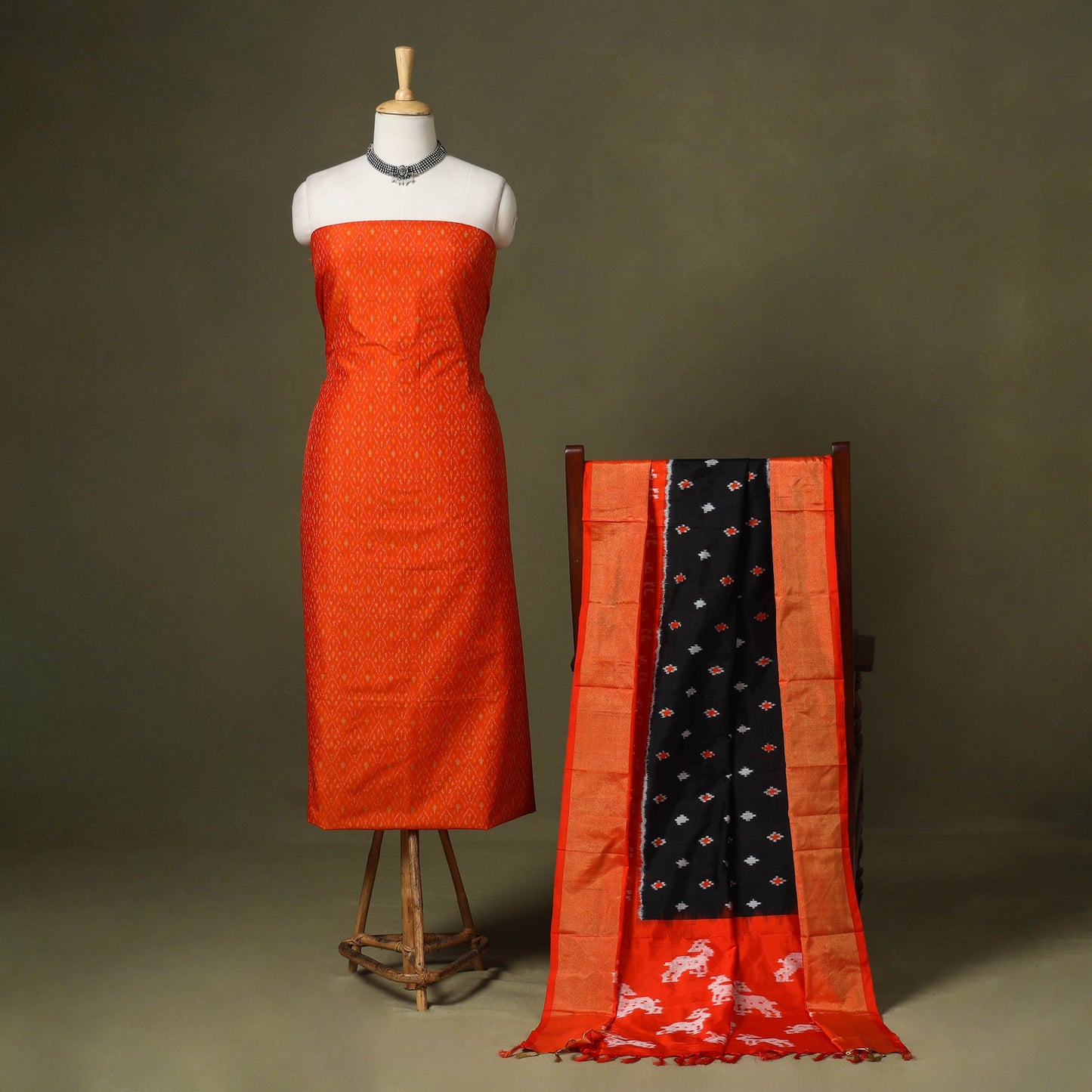 Orange - 2pc unstitched handloom sico pochampally ikat