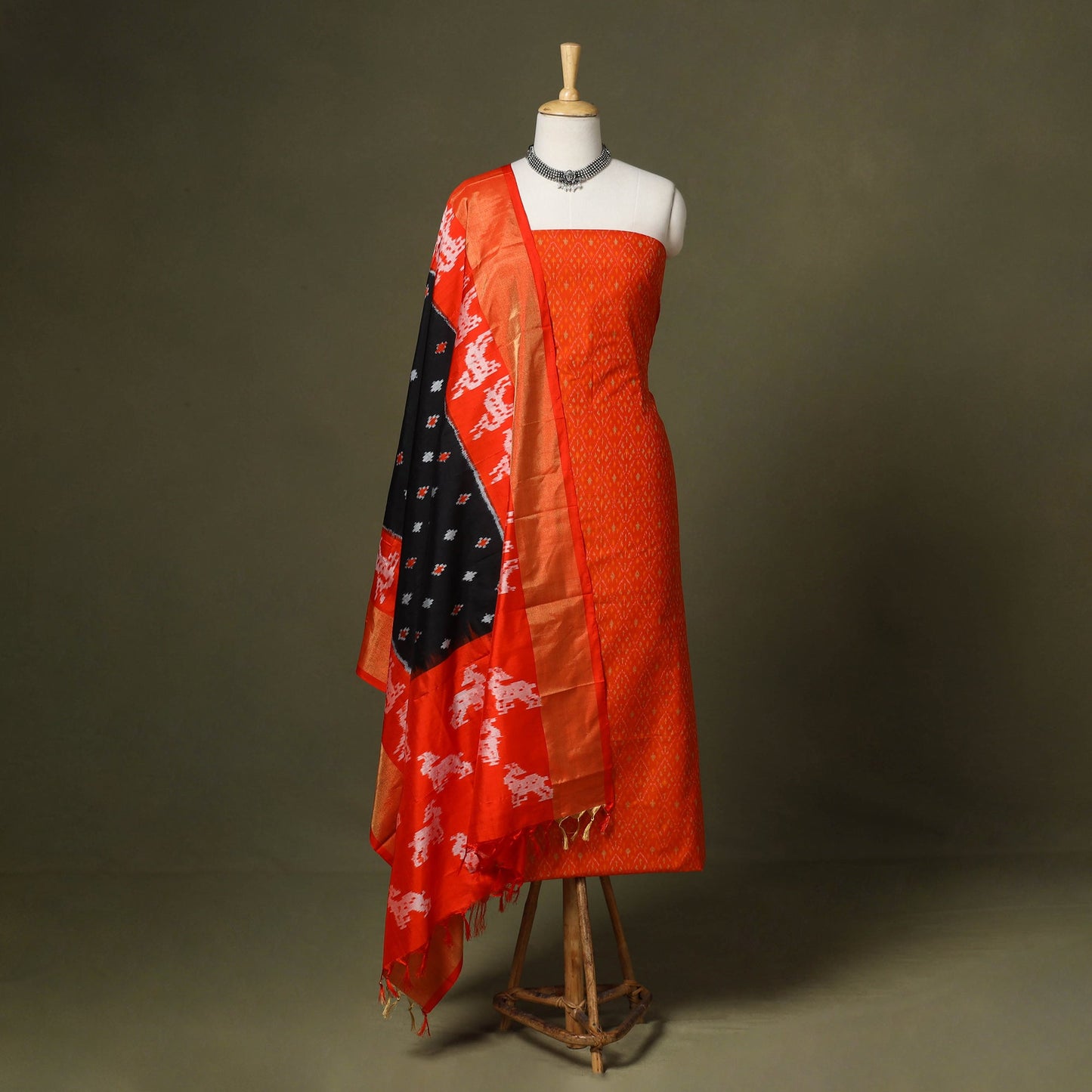 Orange - 2pc unstitched handloom sico pochampally ikat