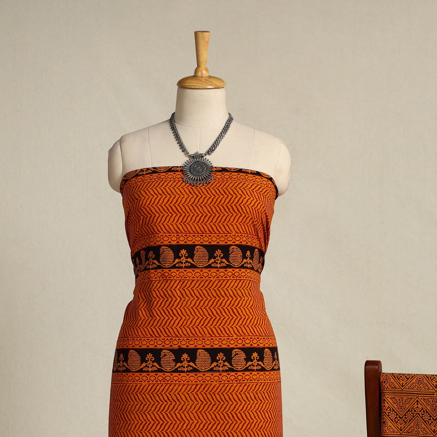 Orange 3pc Cotton Bagh Print Suit Material Set