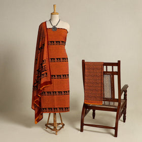 Orange 3pc Cotton Bagh Print Suit Material Set