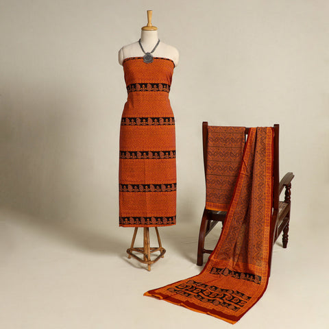 Orange 3pc Cotton Bagh Print Suit Material Set