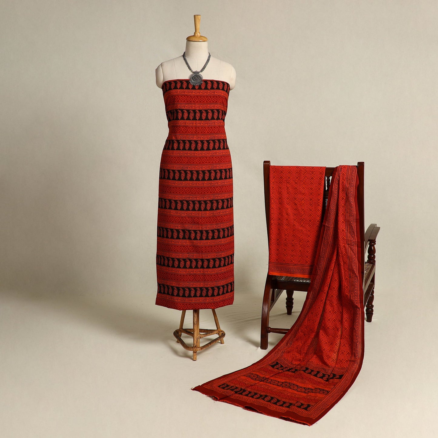 Orange 3pc Cotton Bagh Print Suit Material Set