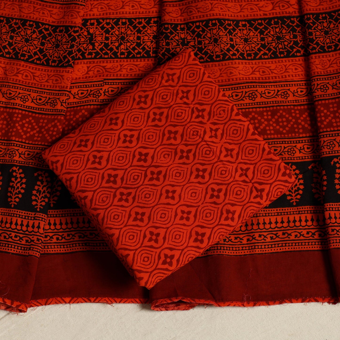 Orange 3pc Cotton Bagh Print Suit Material Set