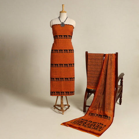 Orange 3pc Cotton Bagh Print Suit Material Set