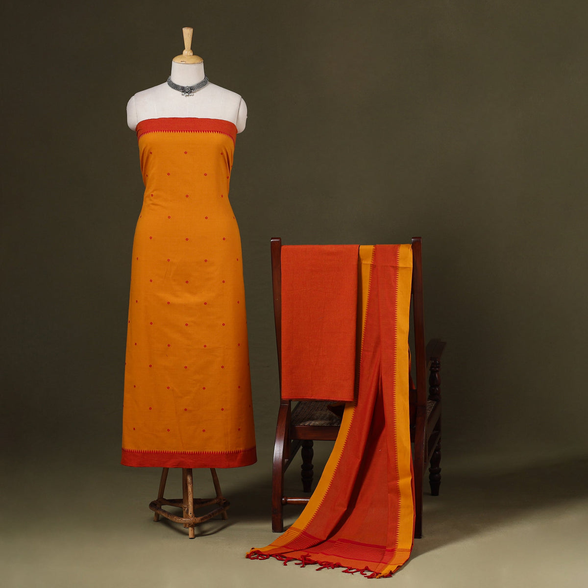 Orange 3pc Cotton Jacquard Unstitched Dress Material 