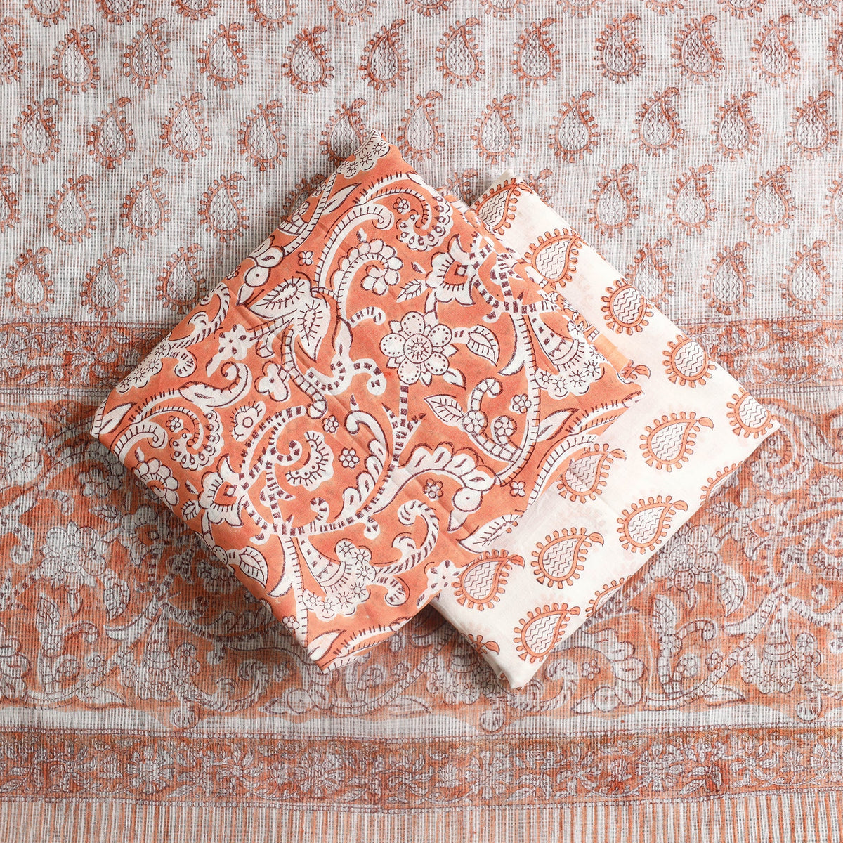 Buy 3pc Cotton Orange Sanganeri Print Dress Material