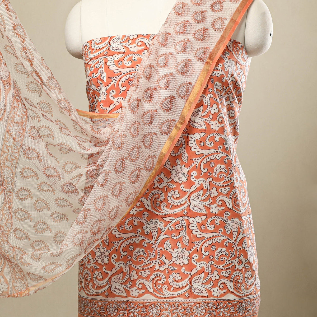 Buy 3pc Cotton Orange Sanganeri Print Dress Material