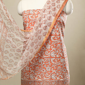 Buy 3pc Cotton Orange Sanganeri Print Dress Material