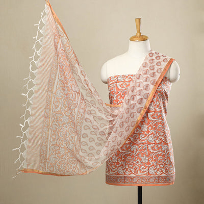 Buy 3pc Cotton Orange Sanganeri Print Dress Material