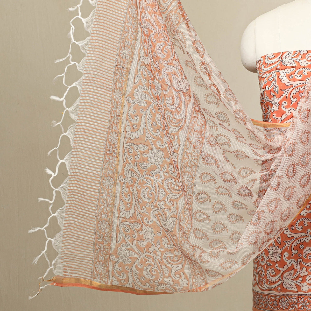 Buy 3pc Cotton Orange Sanganeri Print Dress Material