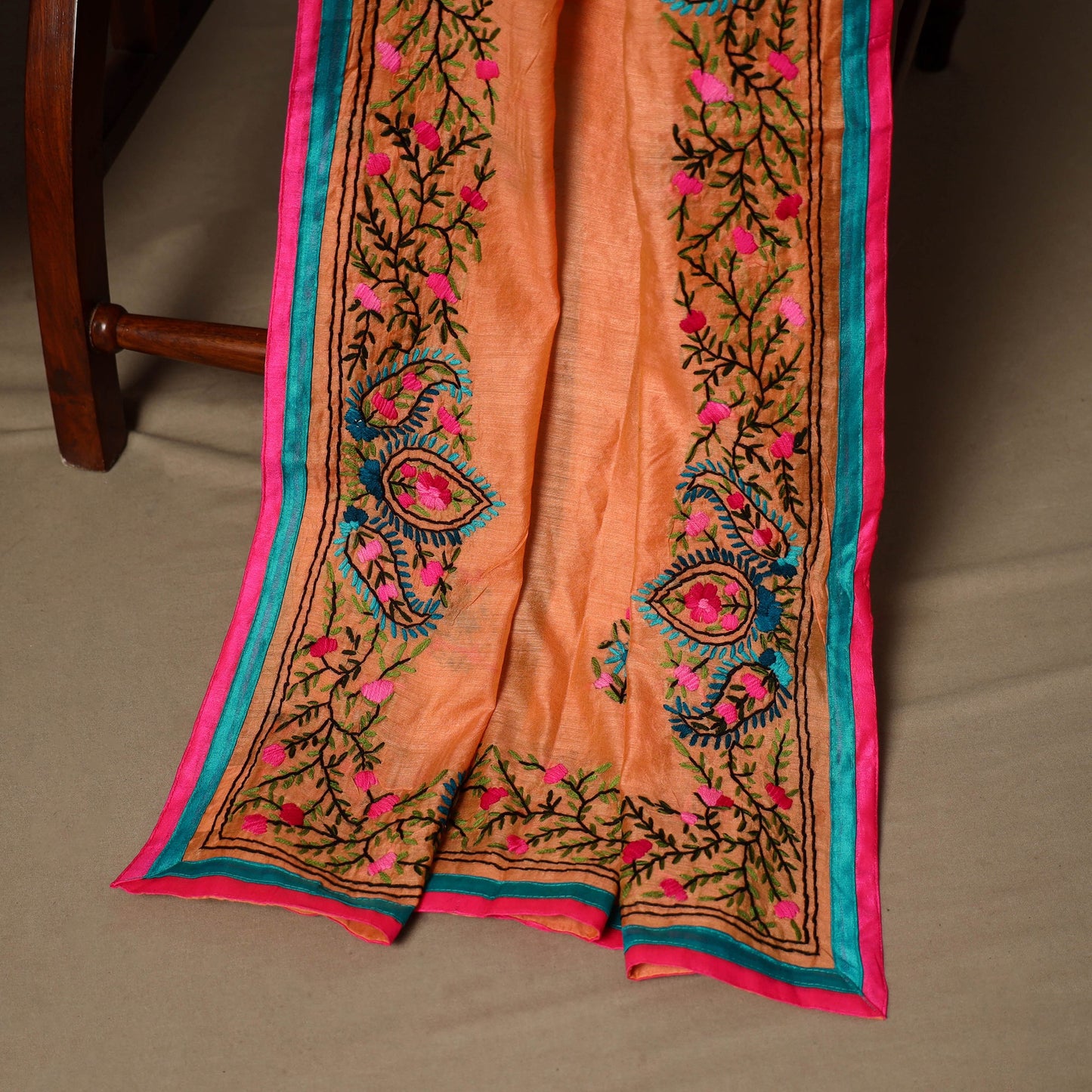 Orange - 3pc hand embroidery chanderi silk unstitched