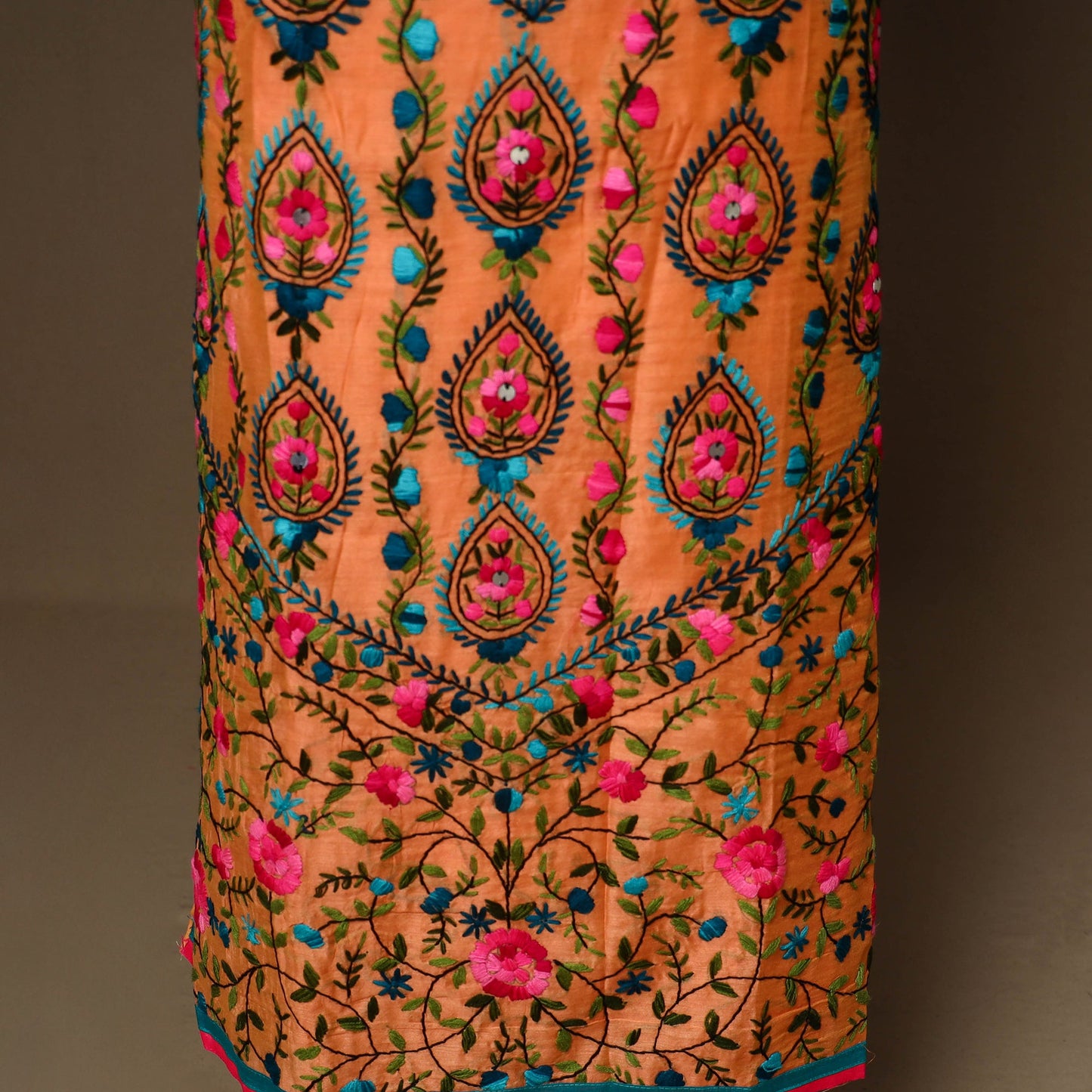 Orange - 3pc hand embroidery chanderi silk unstitched