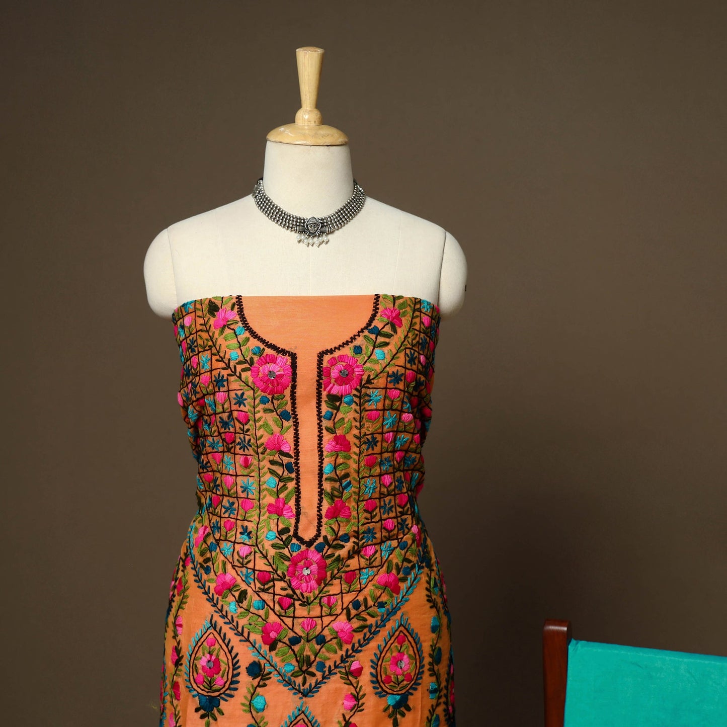 Orange - 3pc hand embroidery chanderi silk unstitched