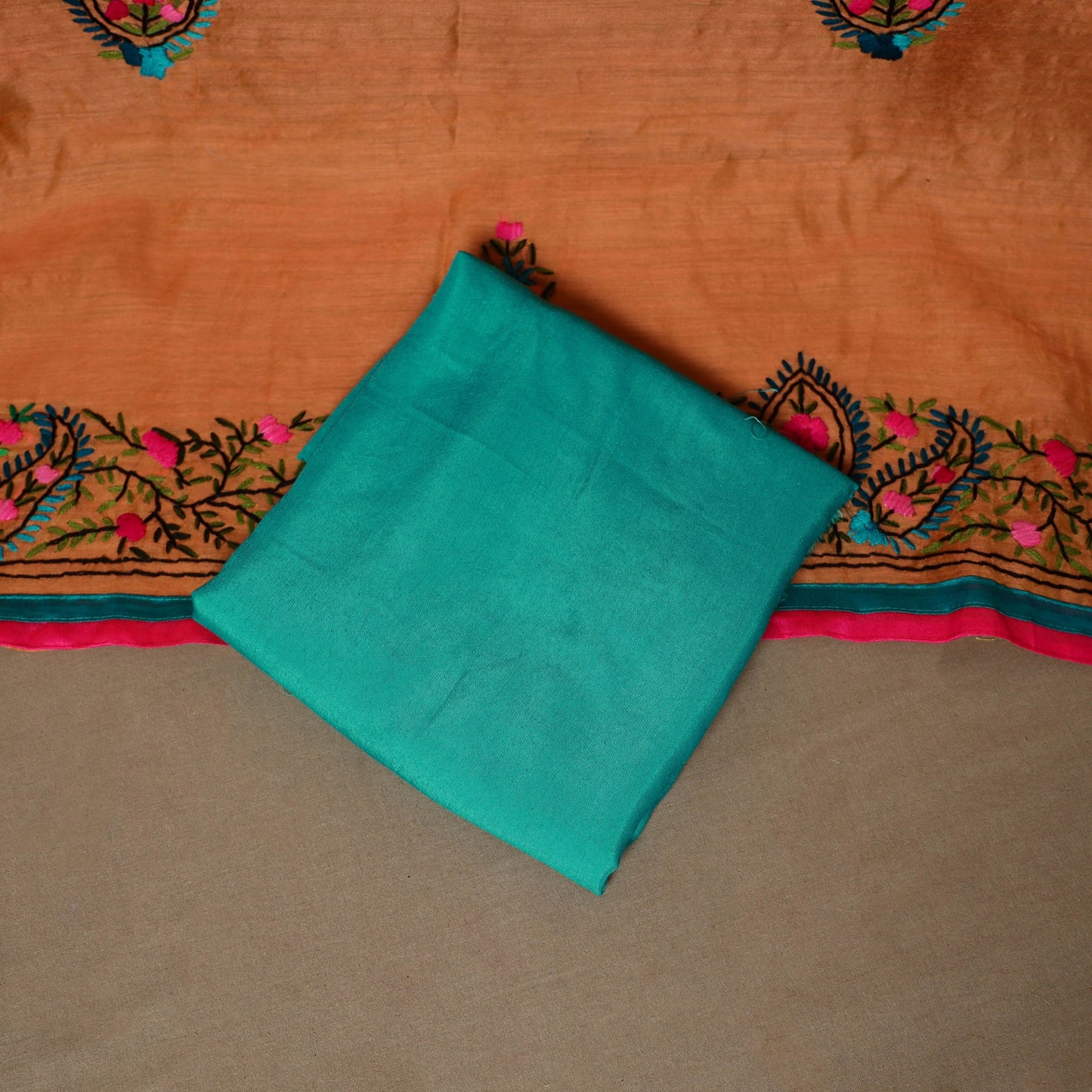 Orange - 3pc hand embroidery chanderi silk unstitched