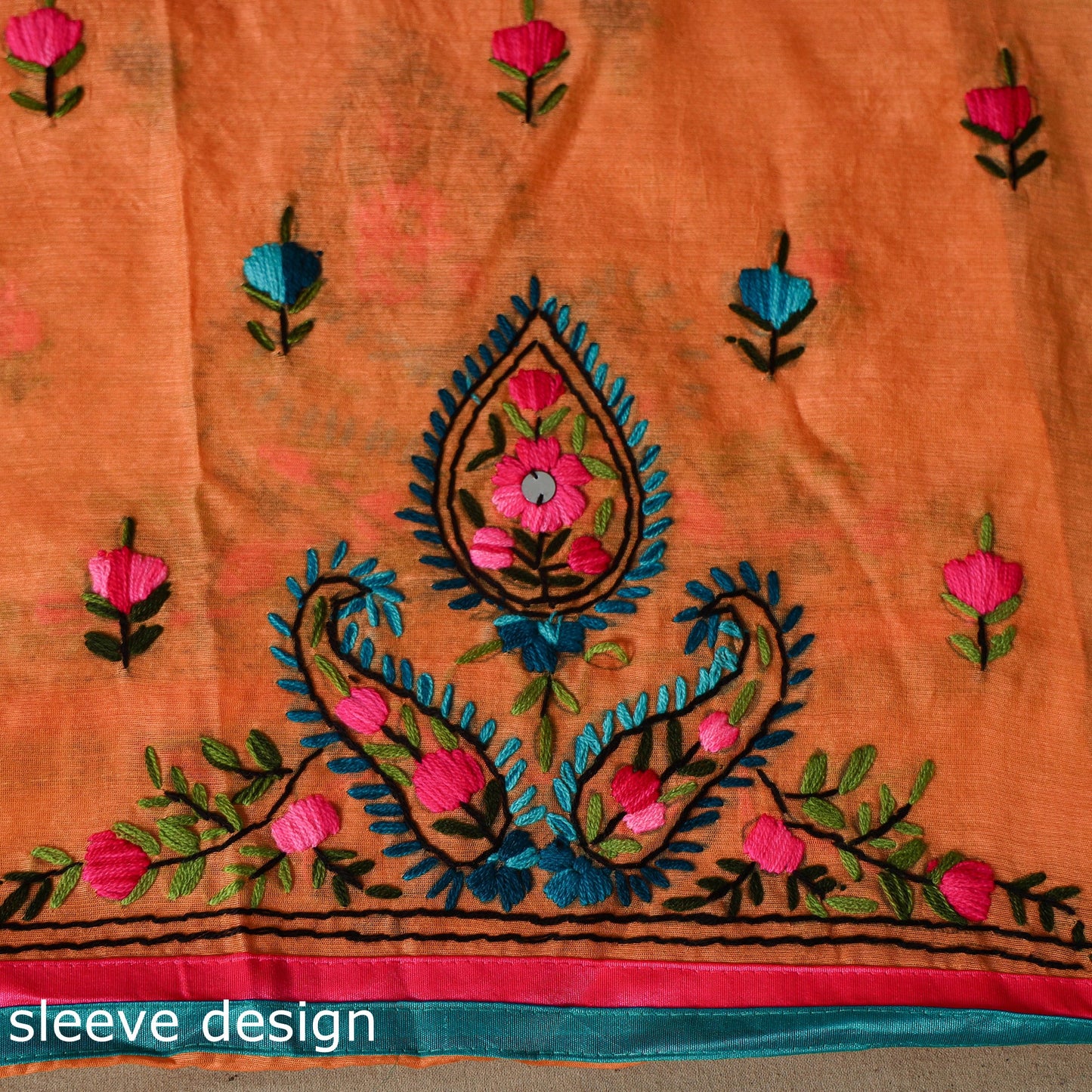 Orange - 3pc hand embroidery chanderi silk unstitched