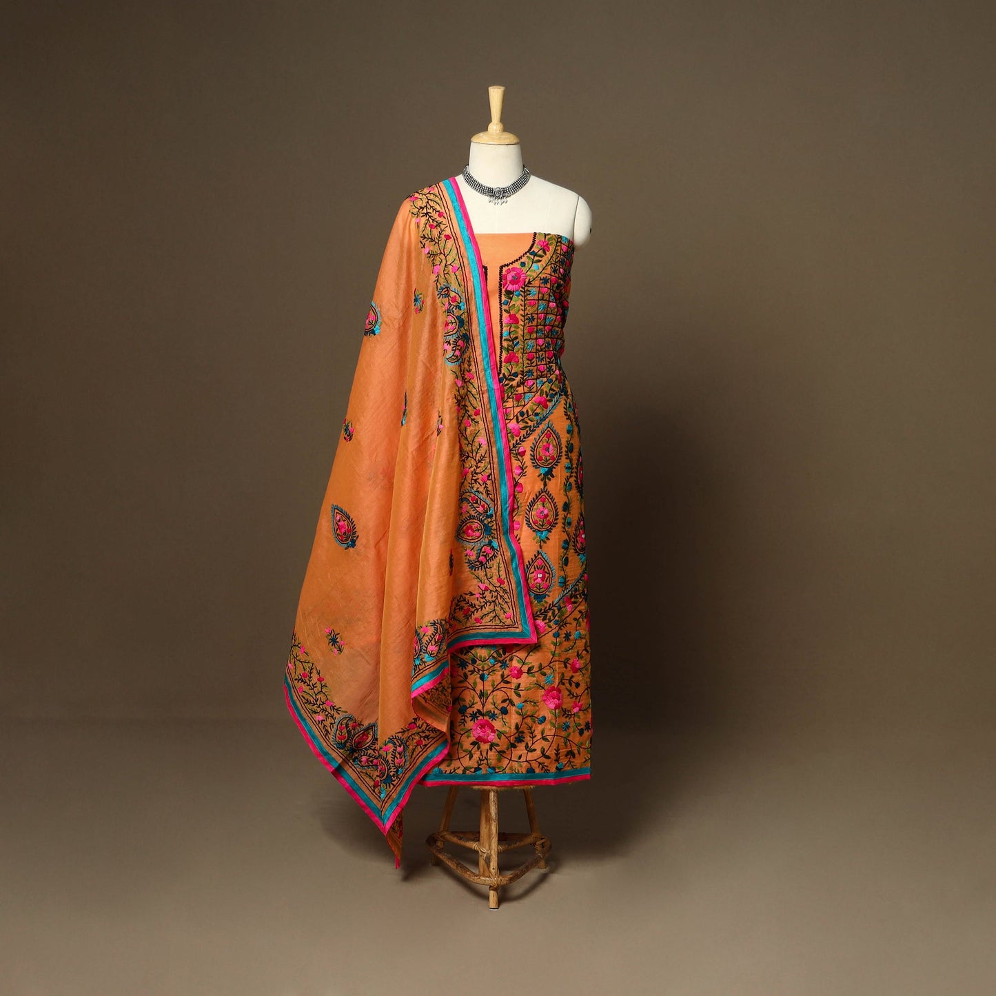 Orange - 3pc hand embroidery chanderi silk unstitched