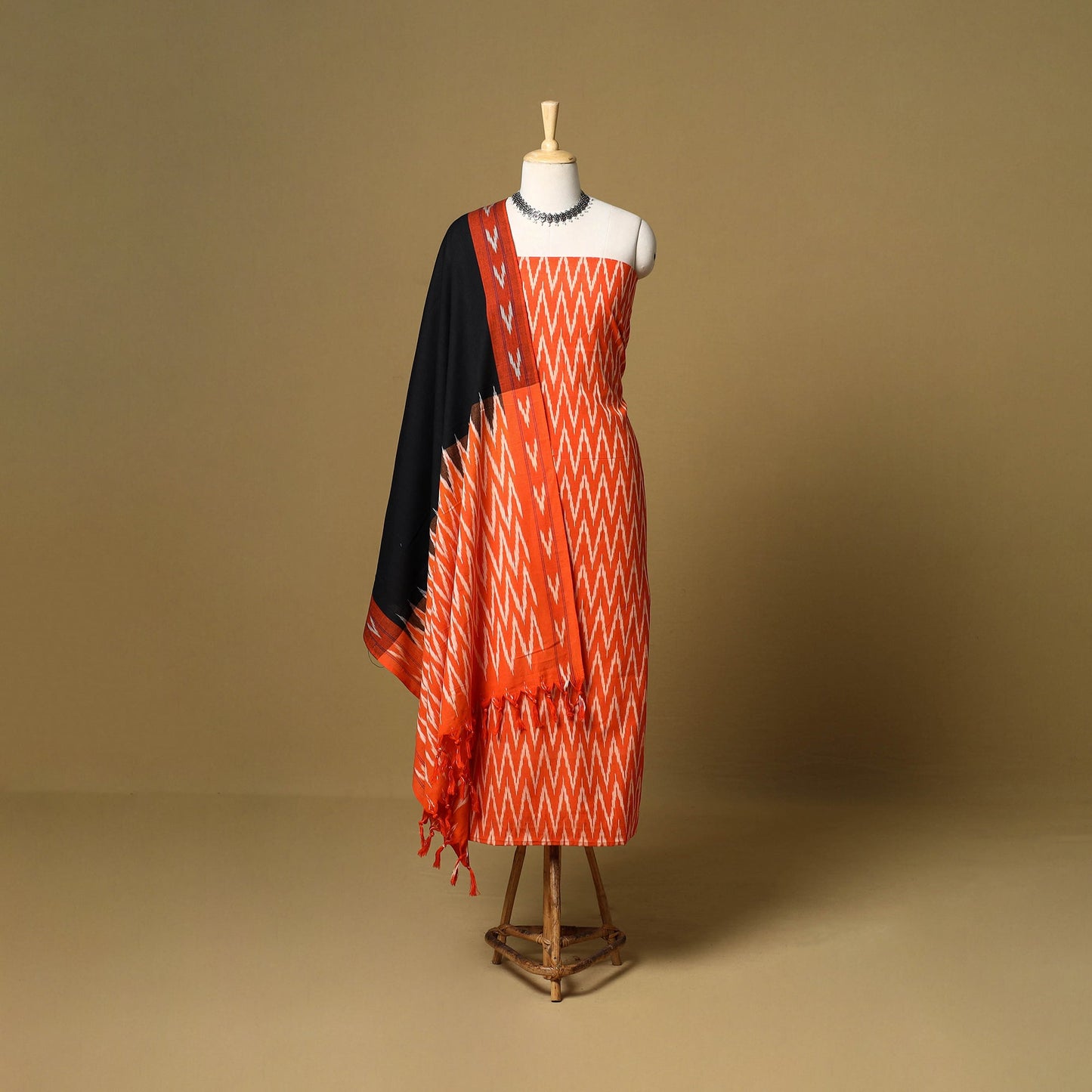 Orange - 3pc handloom cotton unstitched pochampally ikat
