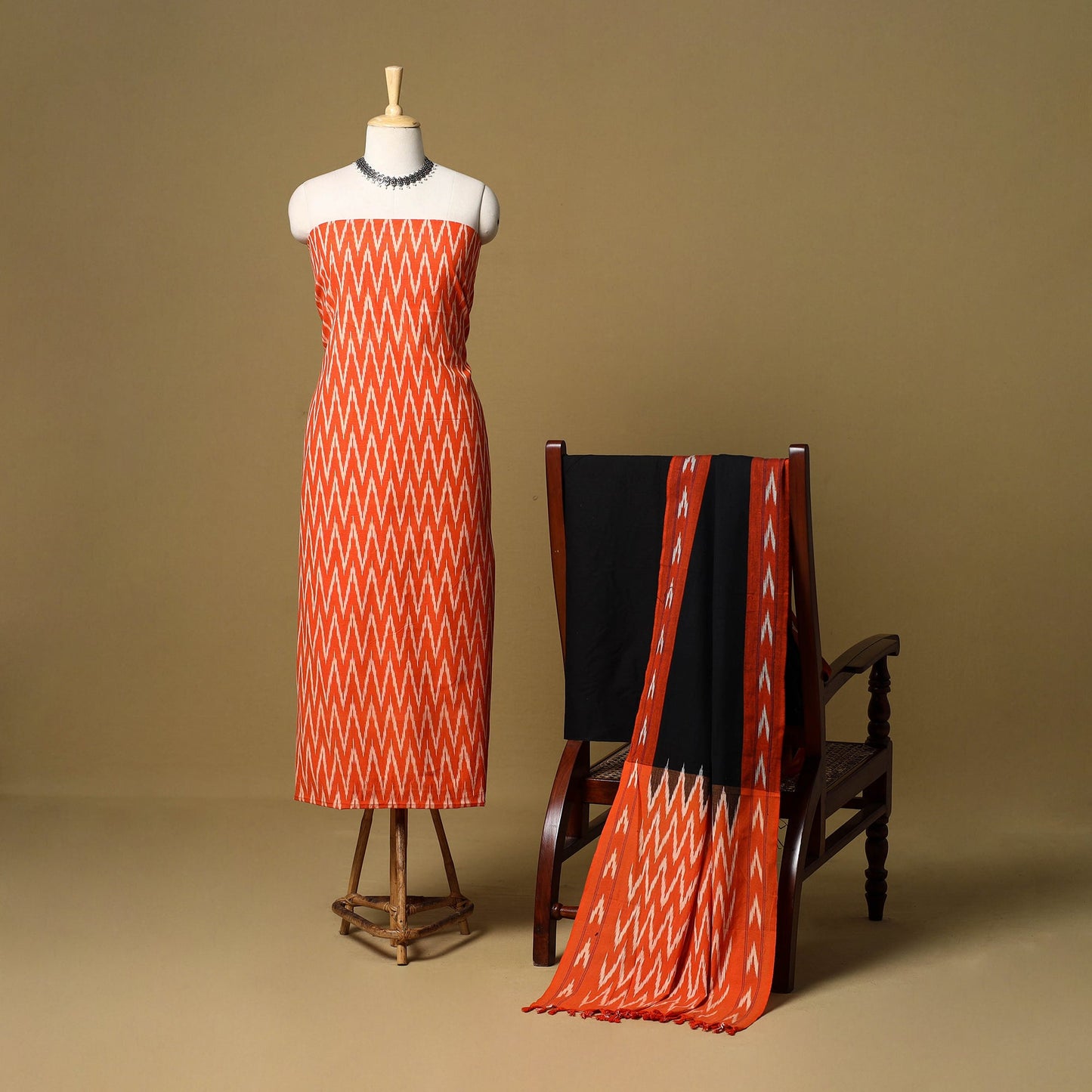 Orange - 3pc handloom cotton unstitched pochampally ikat