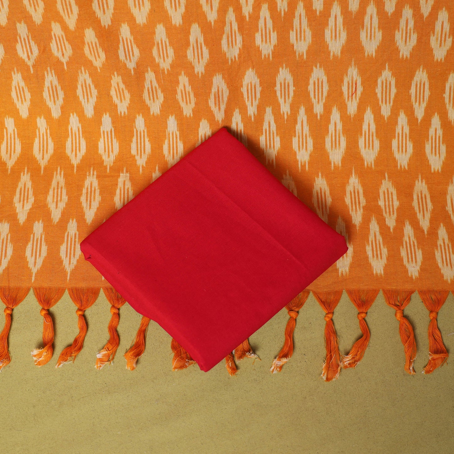 Orange - 3pc handloom cotton unstitched pochampally ikat