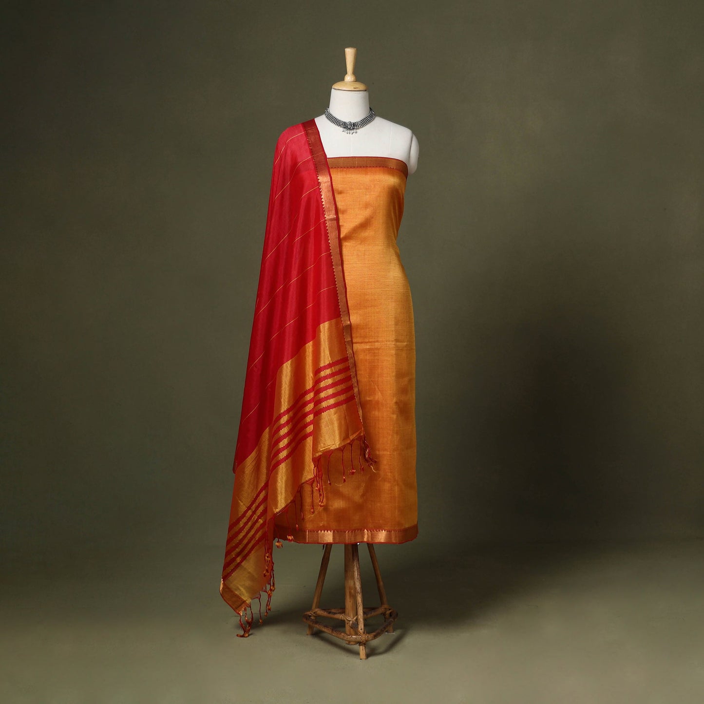 Orange - 3pc handloom unstitched mangalagiri dress material