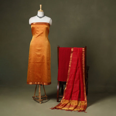 Orange - 3pc handloom unstitched mangalagiri dress material