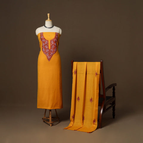 Orange - 3pc kashmiri merino wool unstitched sozni hand