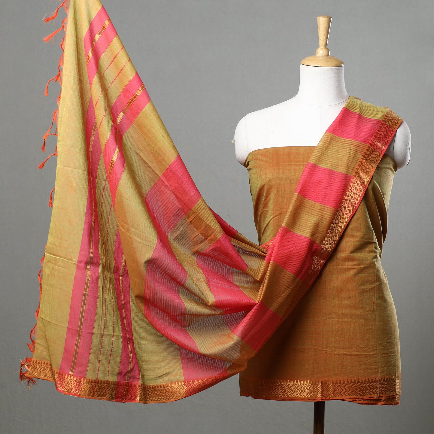 Orange - 3pc Mangalagiri Handloom Cotton Suit Material Set with Zari Border