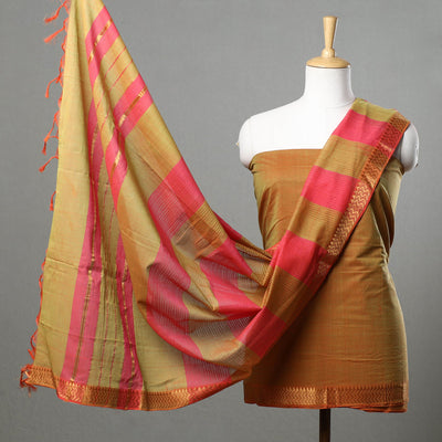 Orange - 3pc Mangalagiri Handloom Cotton Suit Material Set with Zari Border