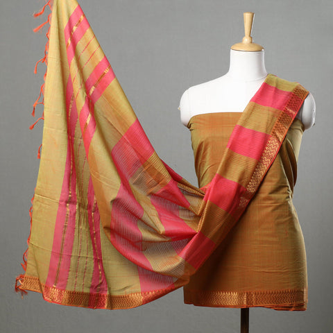 Orange - 3pc Mangalagiri Handloom Cotton Suit Material Set with Zari Border
