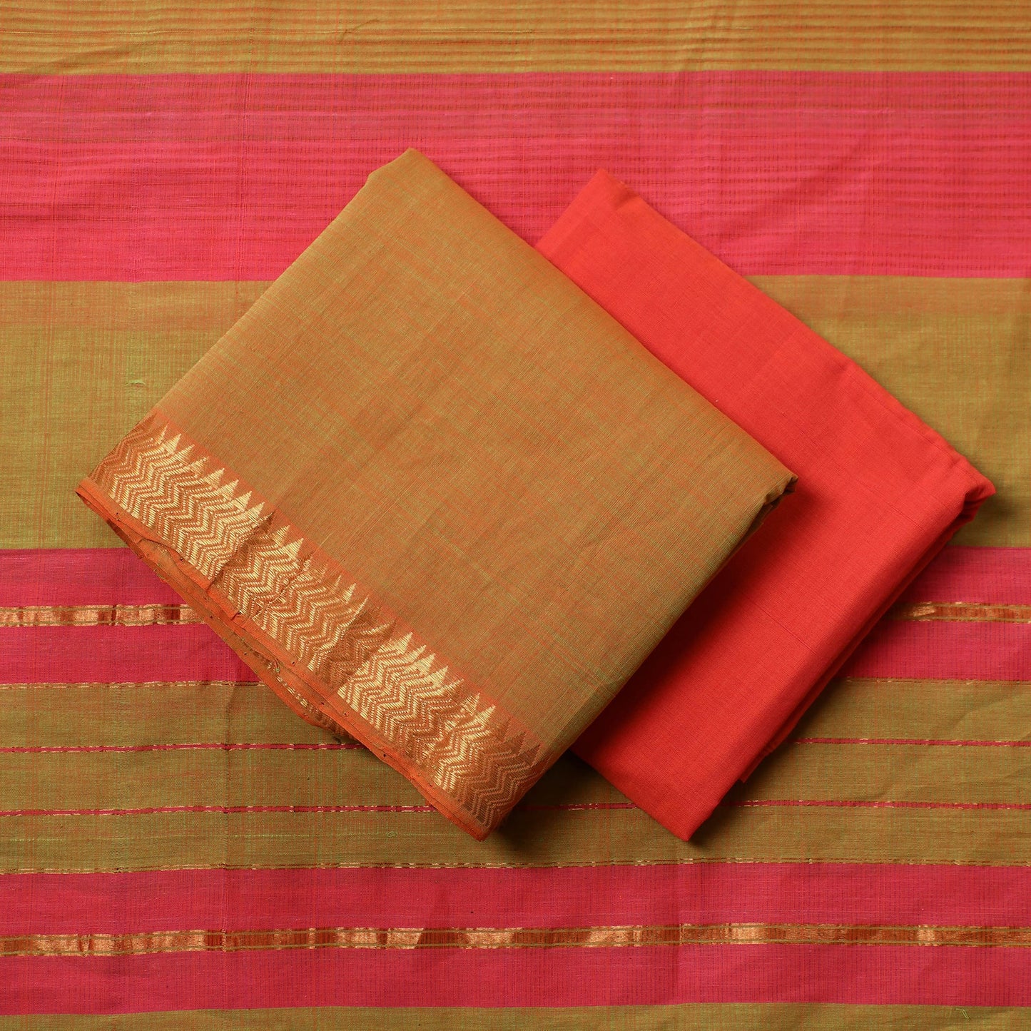 Orange - 3pc Mangalagiri Handloom Cotton Suit Material Set with Zari Border
