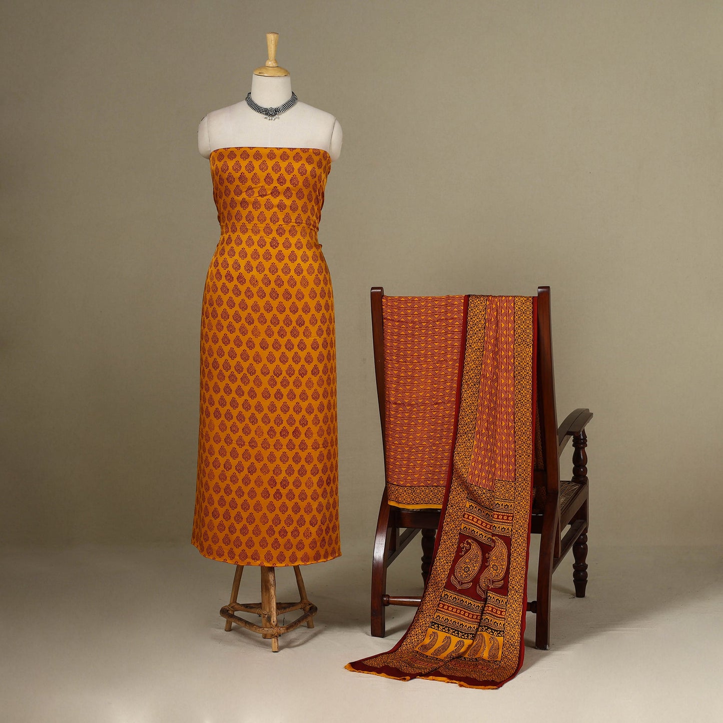 Yellow - 3pc Modal Silk Unstitched Bagh Print Suit Material Set 