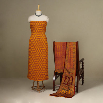 Yellow - 3pc Modal Silk Unstitched Bagh Print Suit Material Set 