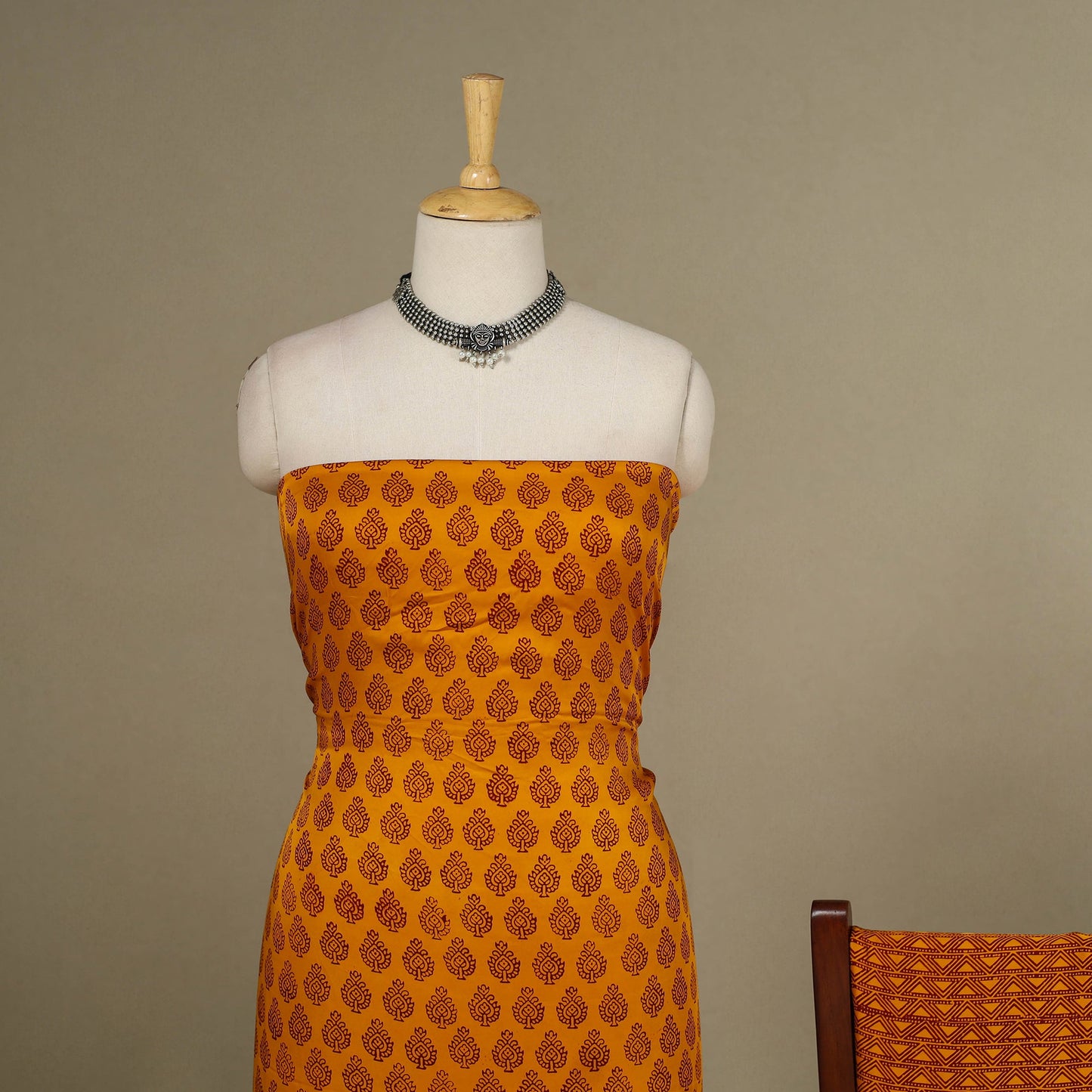 Yellow - 3pc Modal Silk Unstitched Bagh Print Suit Material Set 