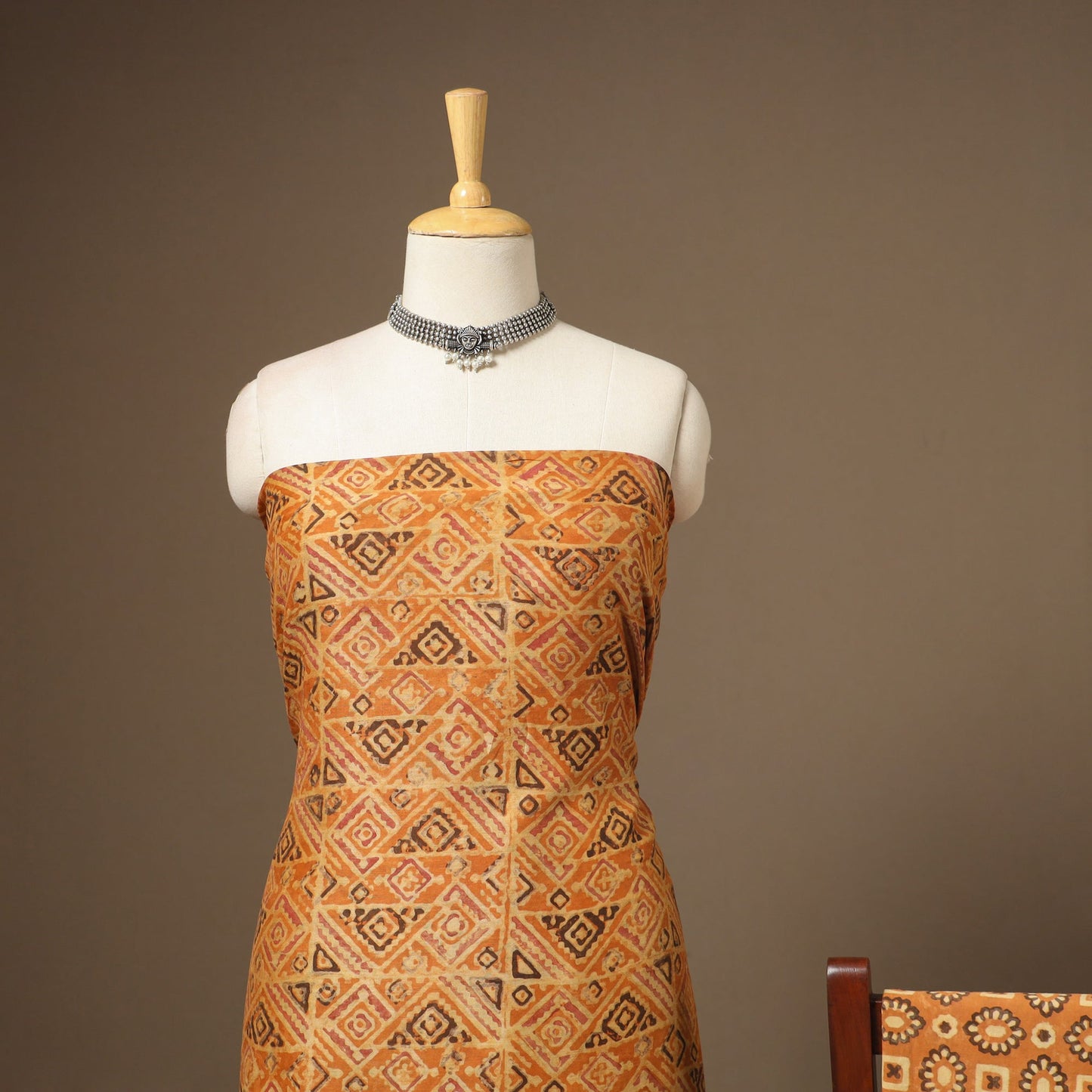 Orange 3pc Natural Dyed Maheshwari Silk Unstitched Vanaspati Jahota Dress Material