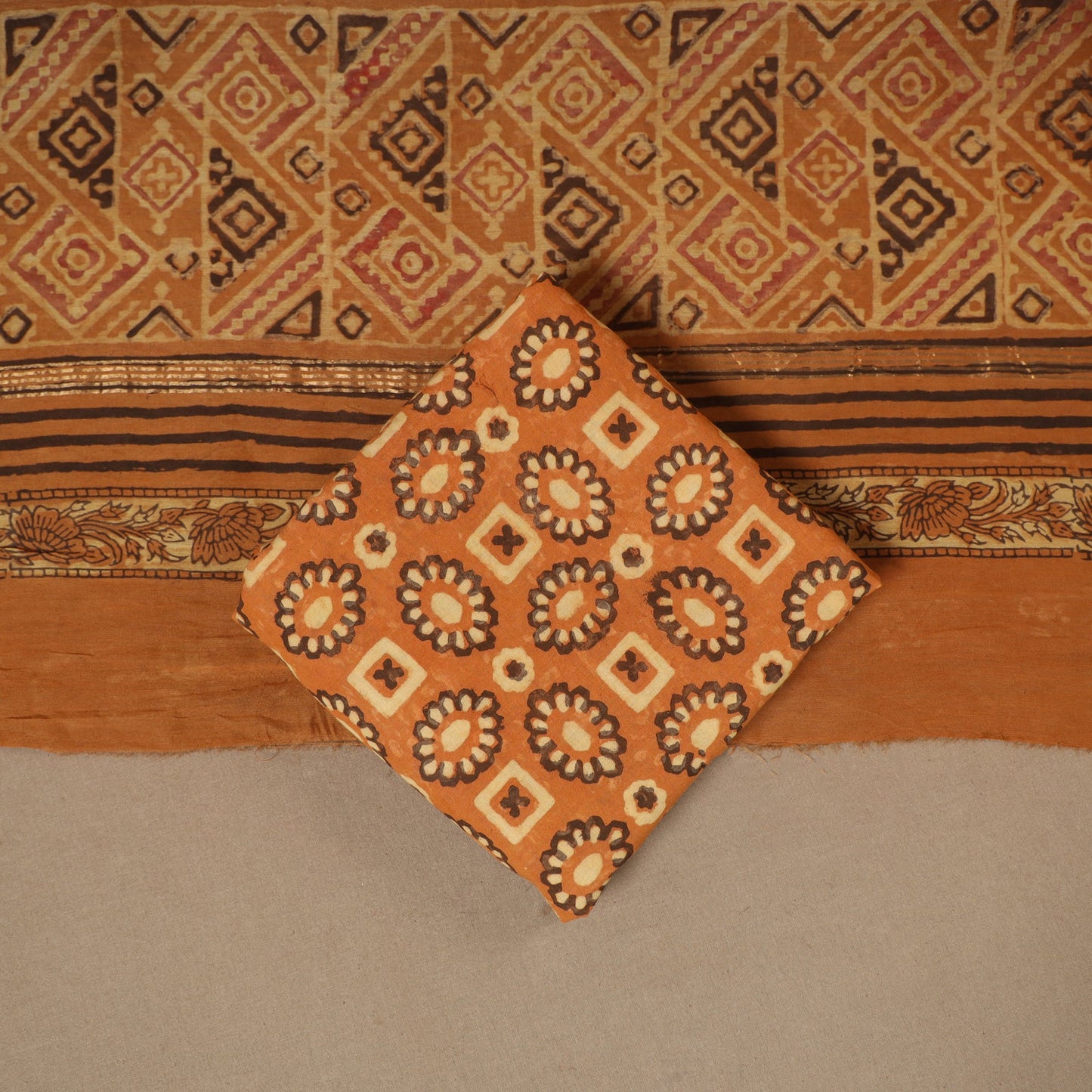 Orange 3pc Natural Dyed Maheshwari Silk Unstitched Vanaspati Jahota Dress Material