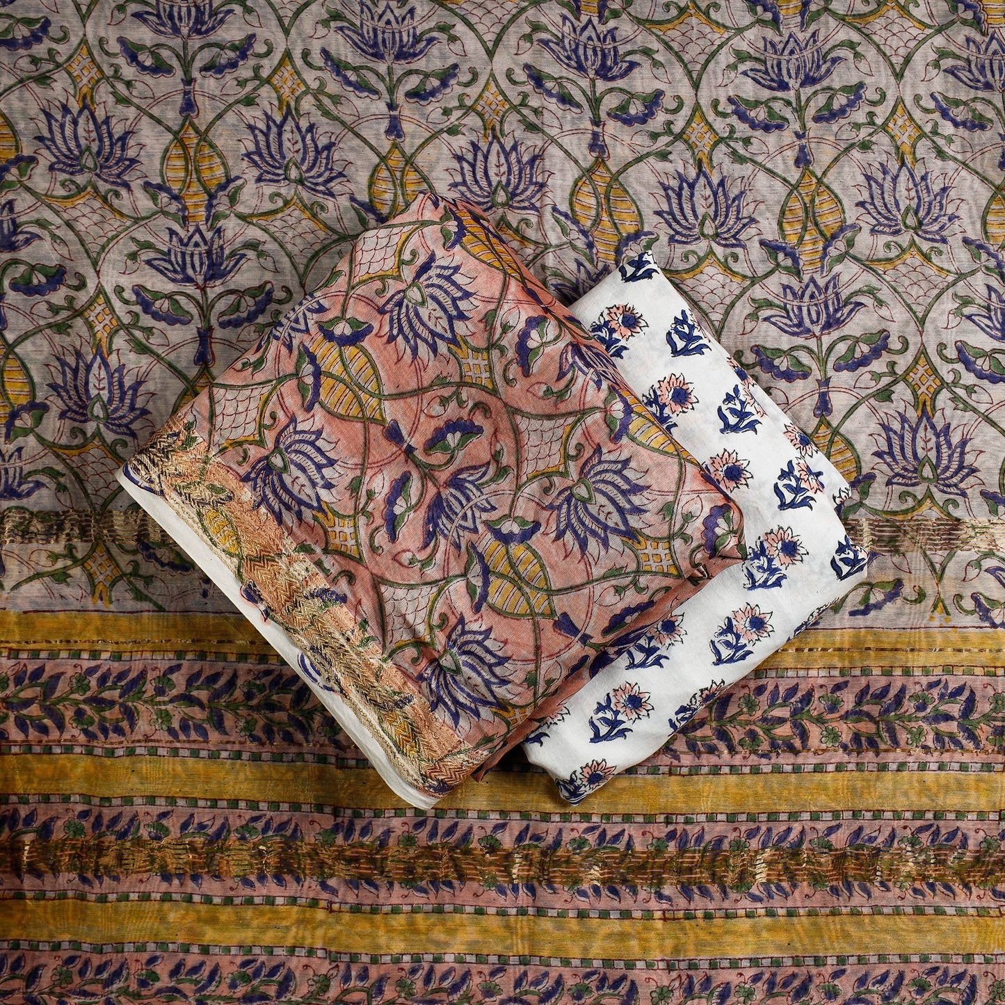  3pc Sanganeri Block Printed Maheshwari Silk Suit Material Set 